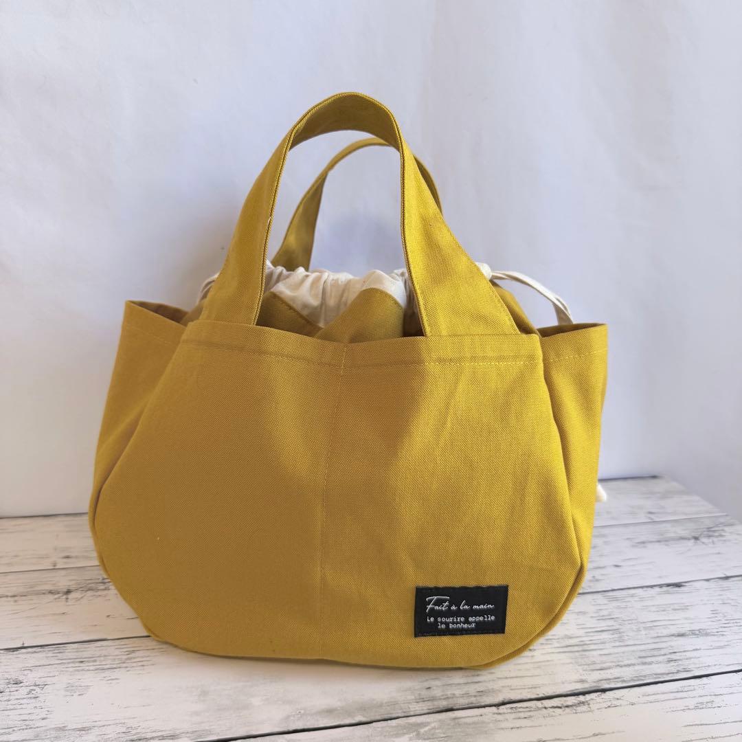 2wayポケットいっぱいトートバッグ マスタード ショルダーベルト付き