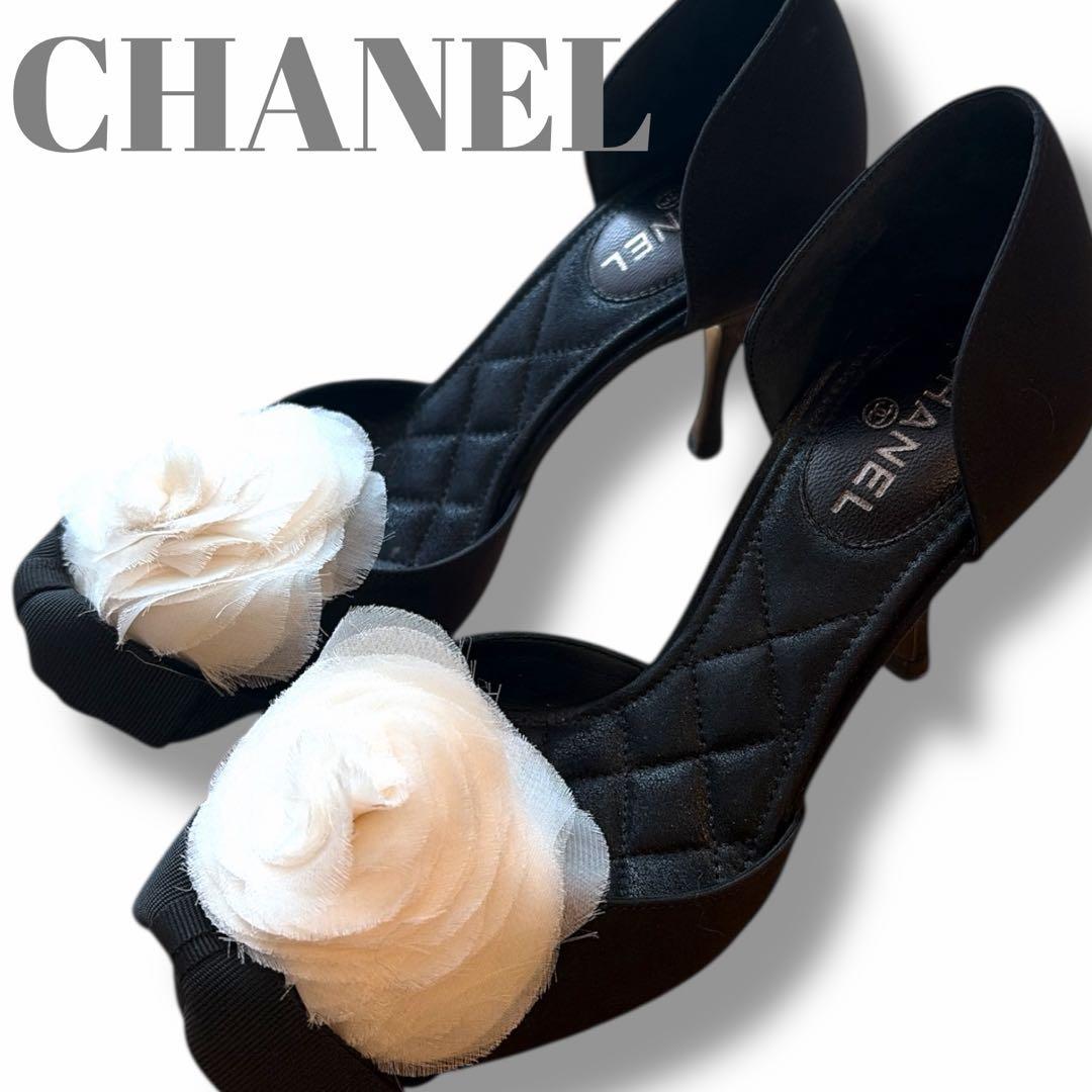 CHANEL カメリア　ハイヒール　リボン　34C 21-22cm相当 CHANEL（シャネル） サテン カメリア装飾 ヒールパンプス レディース