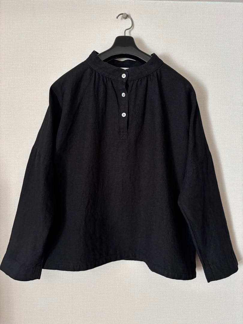 wafu リネン プルオーバー ブラウス スタンドカラー ／ ブラック またまたまた再入荷** LinenYa リネンヤ リネンスタンドカラーブラウス