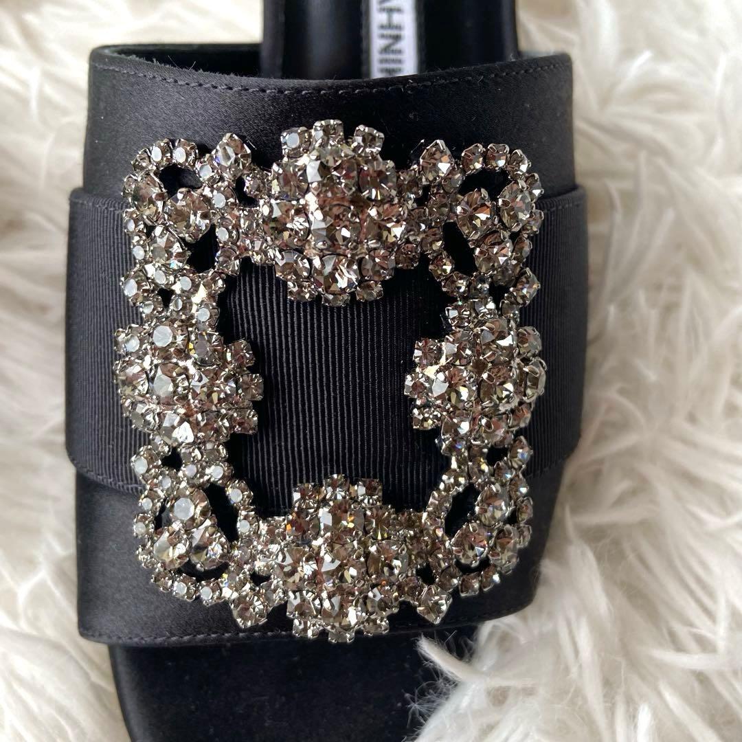 美品✨マノロブラニク サンダル ハンギシ 黒 ビジュー グログランリボン 37