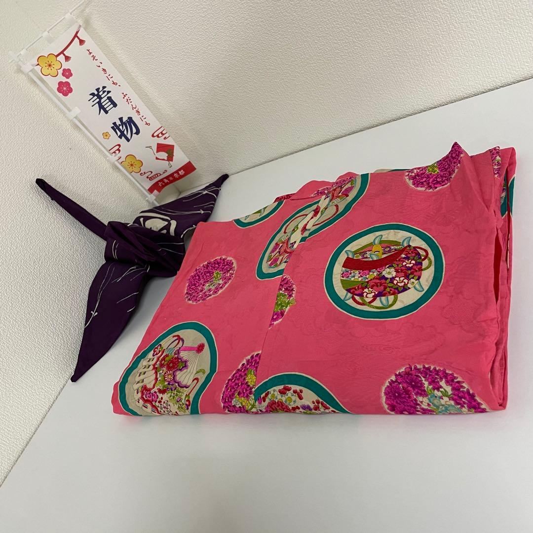 アンティーク 子供着物 丸に 糸巻 扇 鼓 花文様 正絹 七五三 v317