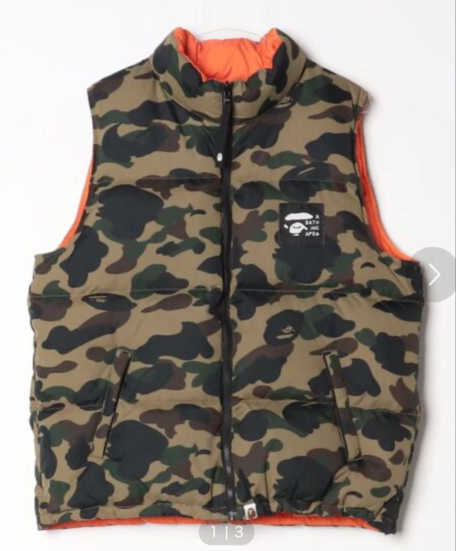 美品 A BATHING APE 迷彩 オレンジ リバーシブル ダウンベスト