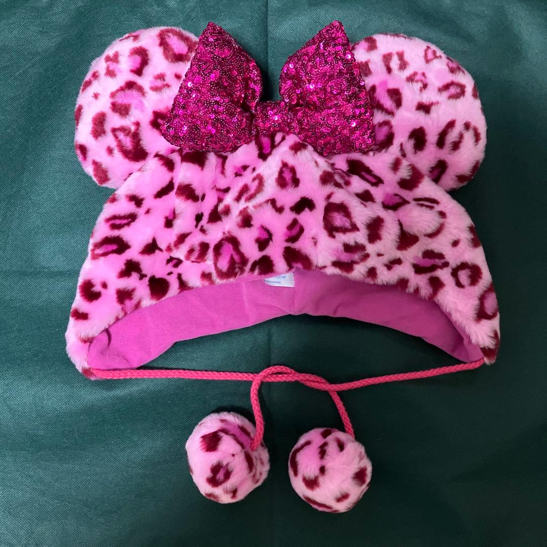 ディズニー　ミニー　ファンキャップ　ピンク　ヒョウ柄　スパンコール　リボン　帽子