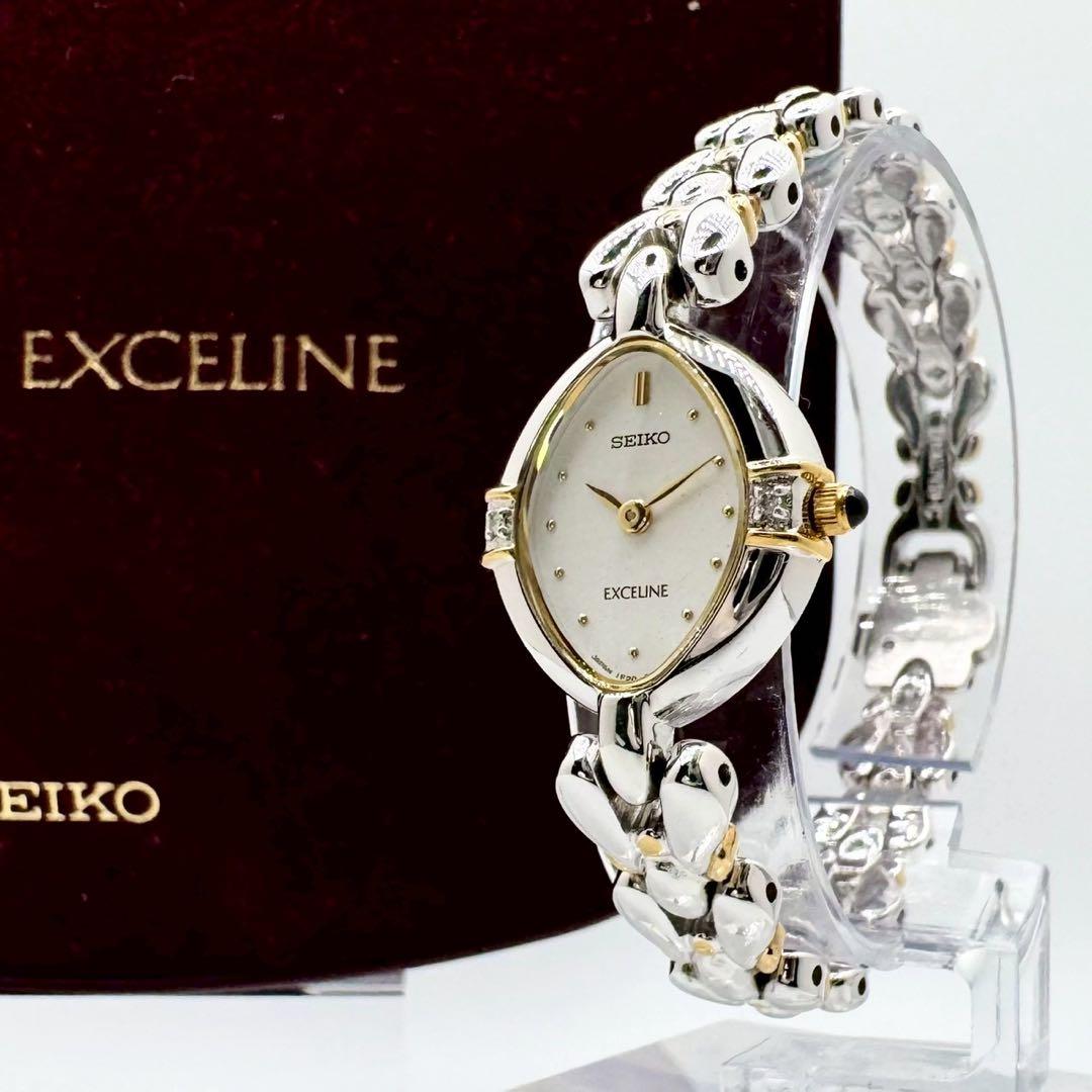 新品電池✨稼働 セイコー エクセリーヌ 2Pダイヤ 1Pオニキス ブレス