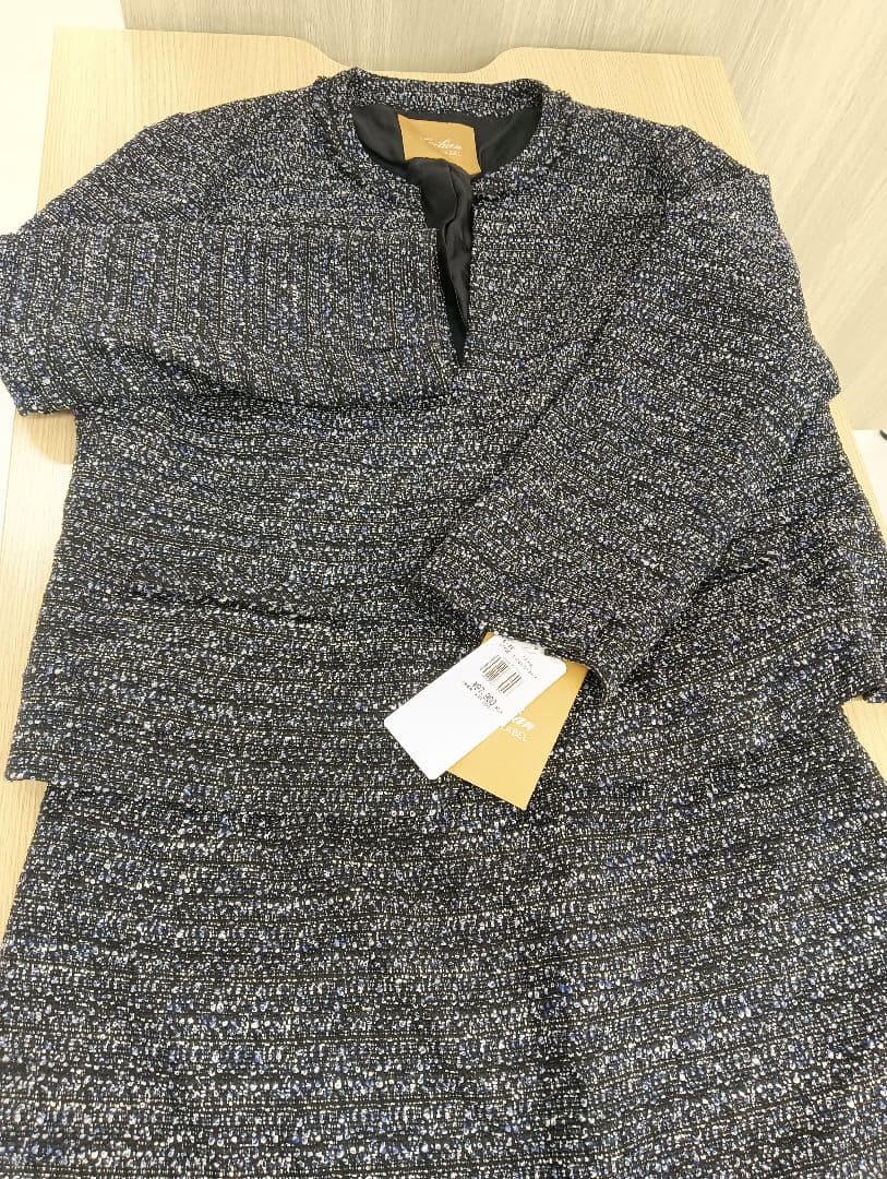 Leilian ノーカラージャケット＆スカートセットアップ ネイビー系 ツイード