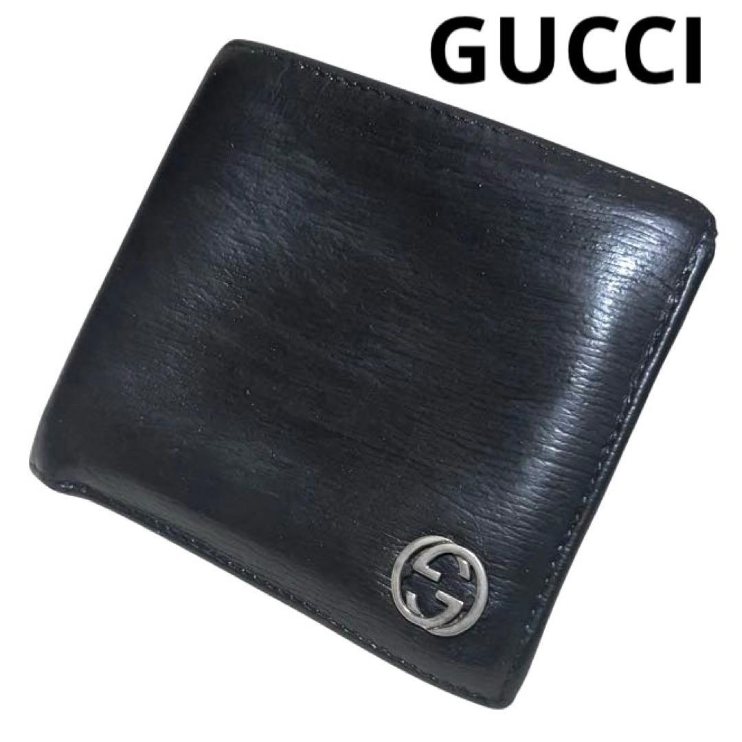 グッチ折り財布レザーブラック金属インターロッキングフラップ