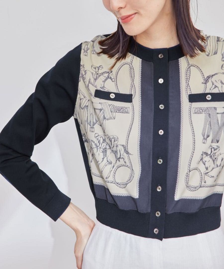 美品】ROPE ロペ ヴィンテージスカーフプリントカーディガン ネイビー