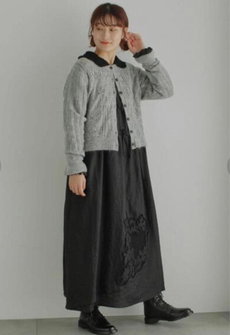 TSUHARU by Samansa Mos2リネン裾刺繍レースワンピース黒色