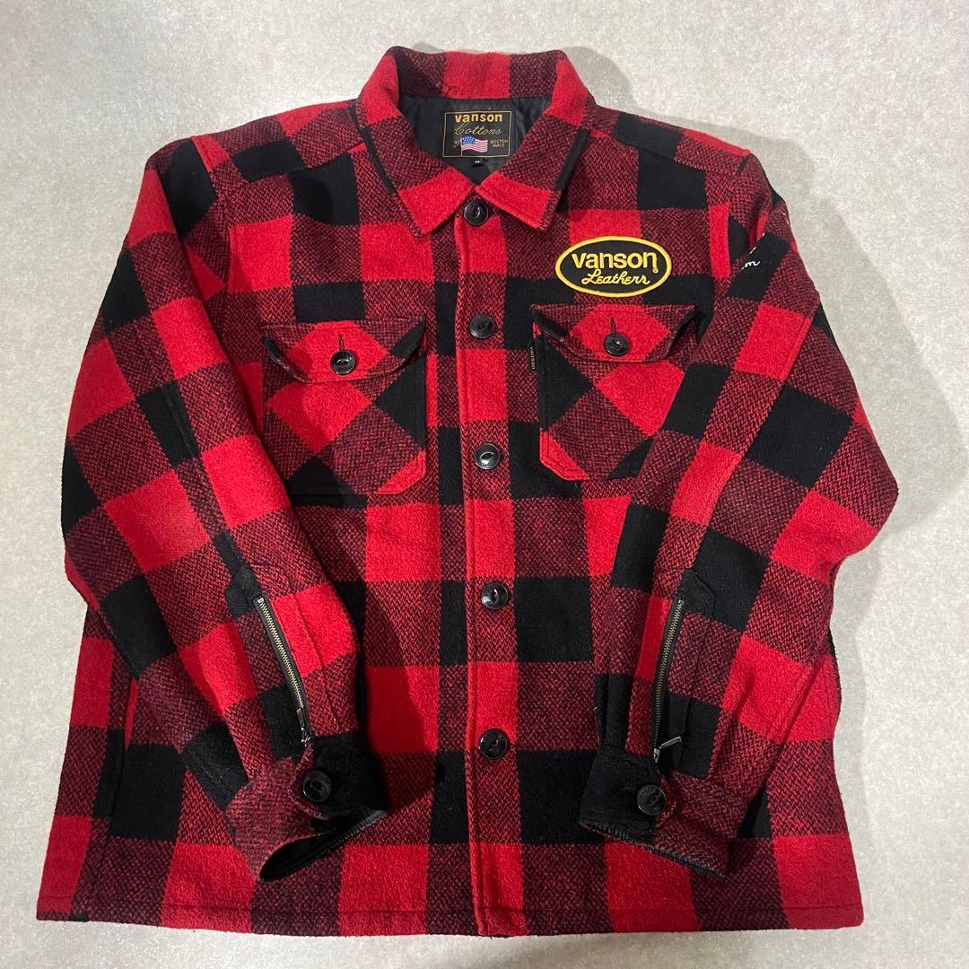 vanson バッファローチェック 赤黒チェック スカルジャケット XL