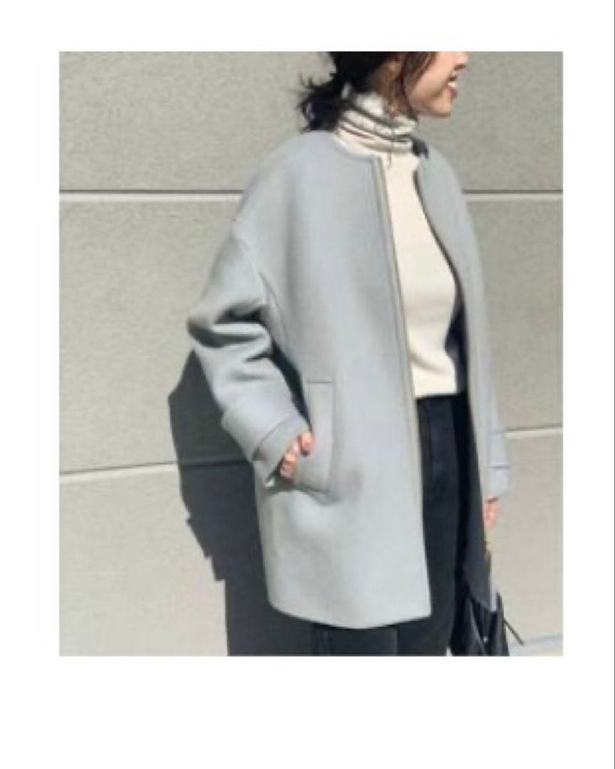 Spick &Span ビーバーノーカラージップコート サックスブルーサイズ38