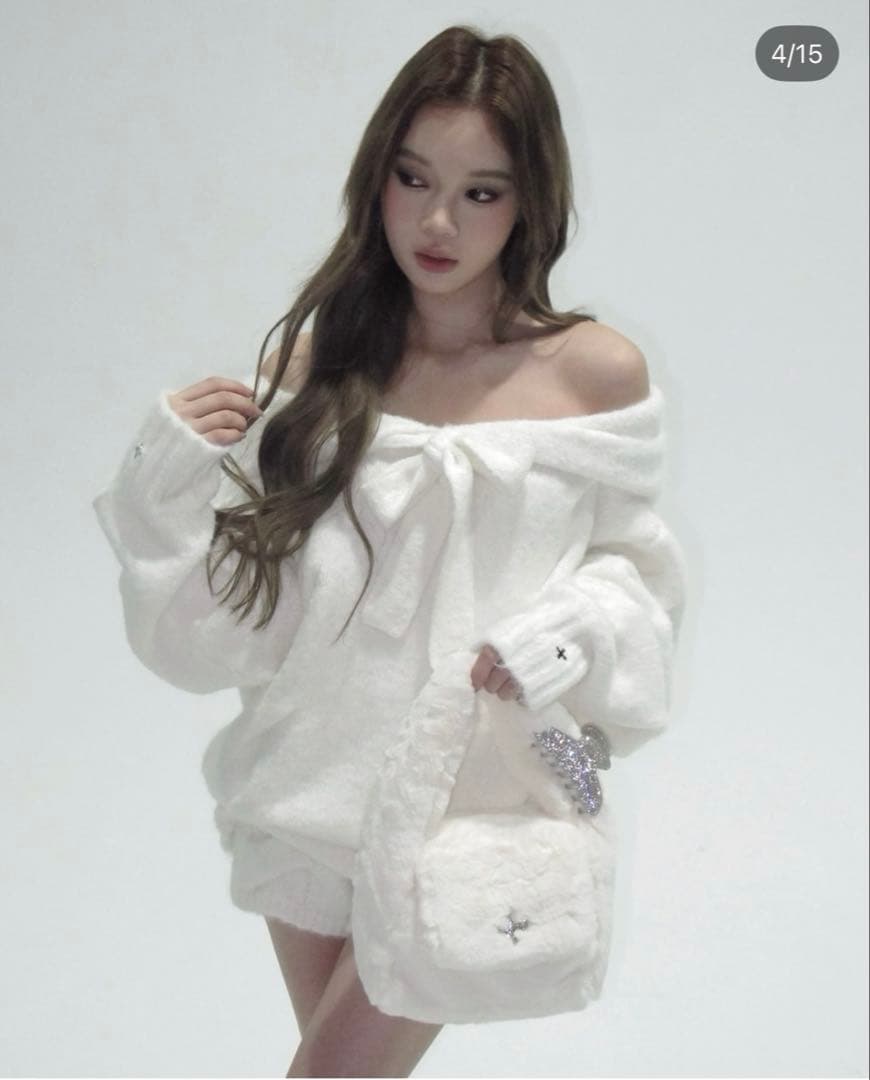 andwang Ribbon Off-Shoulder Knit Set 白 - メルカリ