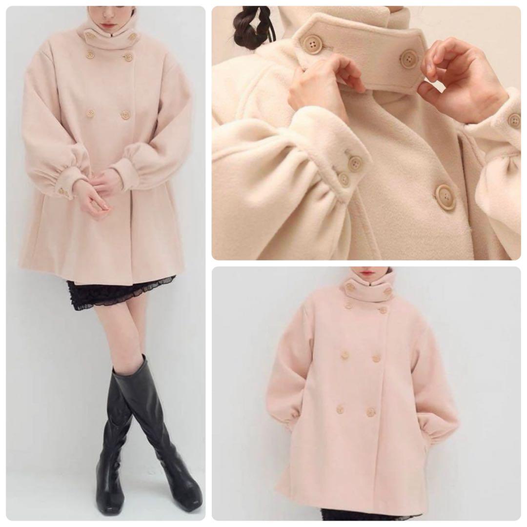 【MUGUET】美品 スタンドカラー ミディ コート ピンク ハイネック フレア