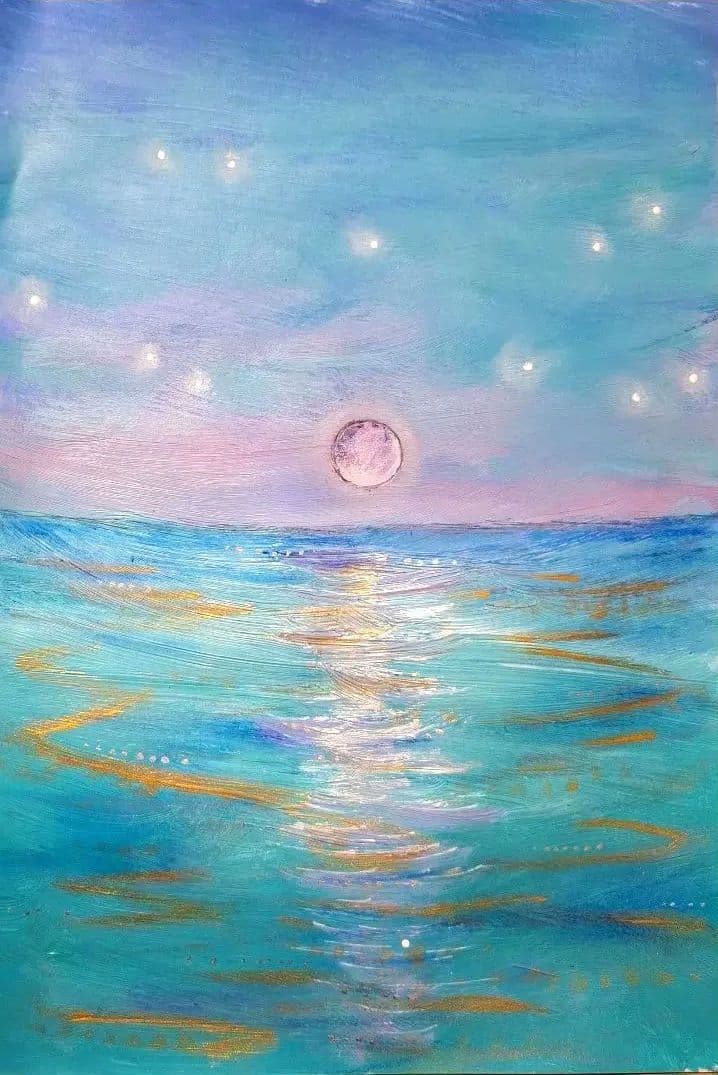 静かな月夜 海と月のアクリル画 B5フレーム入り 手描き 原画 - メルカリ