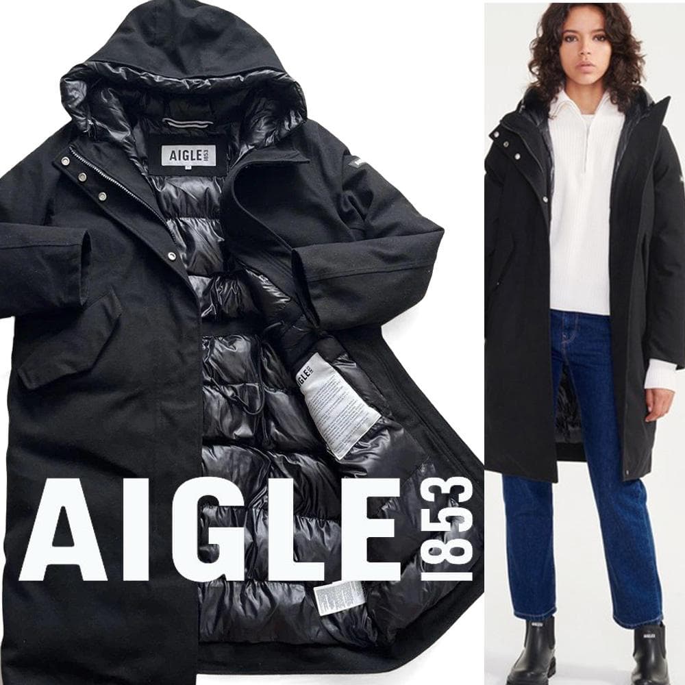 美品 AIGLE エーグル ブラック ウール混ロングエコダウンコート L－XL