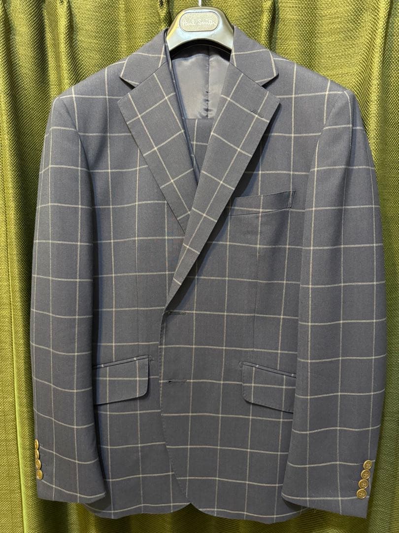 春夏秋生地、ネイビー、チェック柄、スリーピーススーツ エレガントなネイビースーツ！カノニコ生地で仕立てるチェック柄