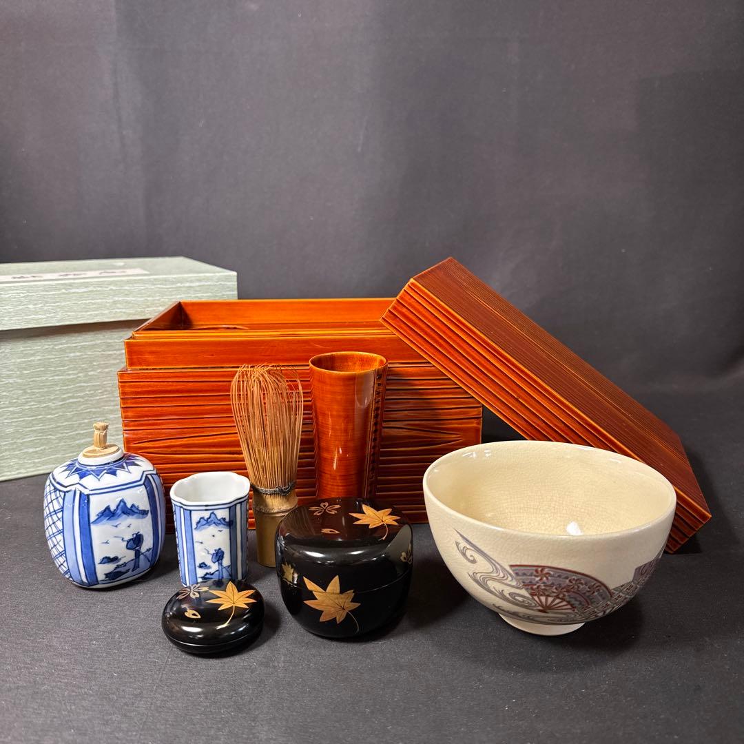 G42 送料無料 茶箱セット 茶道具 春慶塗茶箱 茶碗 棗 香合 茶道 茶筅