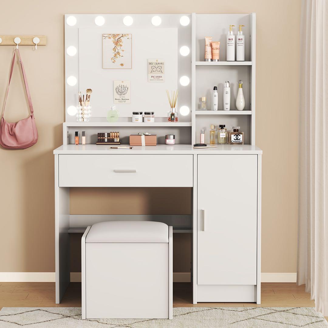 ドレッサーおしゃれコンパクト3色LEDライト付(スツール付き）女優ミラー 化粧台 ドレッサー 化粧台 女優ミラー 3色LEDライト付き 鏡台 ドライヤー