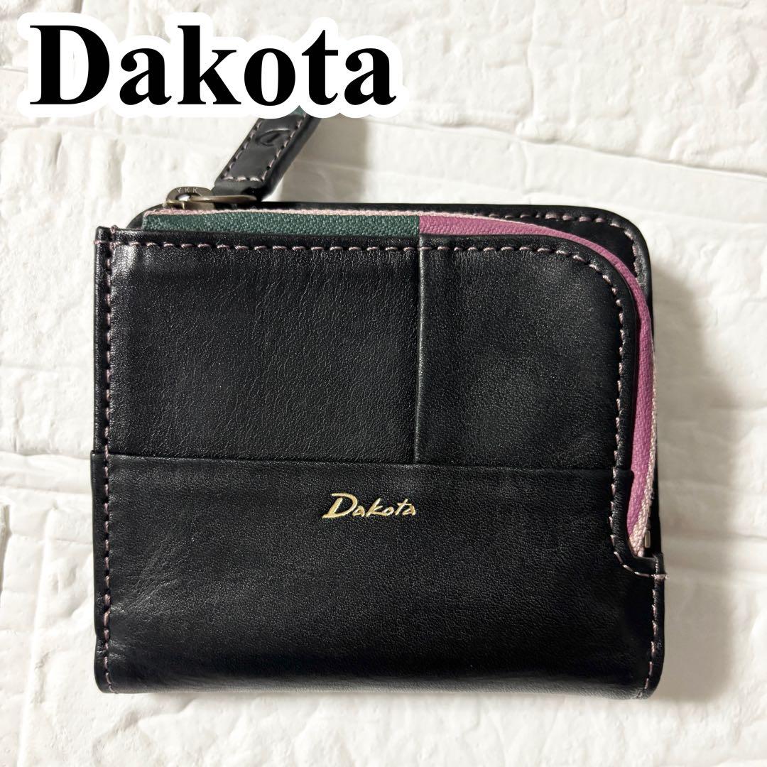 【未使用】 ダコタ レザー L字ファスナー 二つ折り財布 ブロッコ　ブラック Dakota（ダコタ） 二つ折り財布 外付けL字ファスナー小銭入れ パッチ