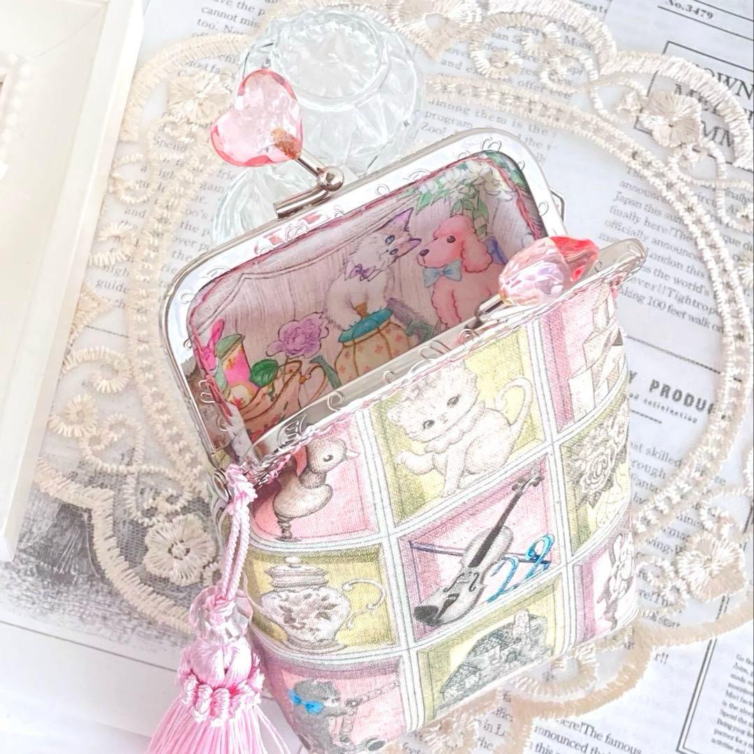 ユキエモンポーチTOYナイトボックス ハンドメイドがま口pink猫柄ハート