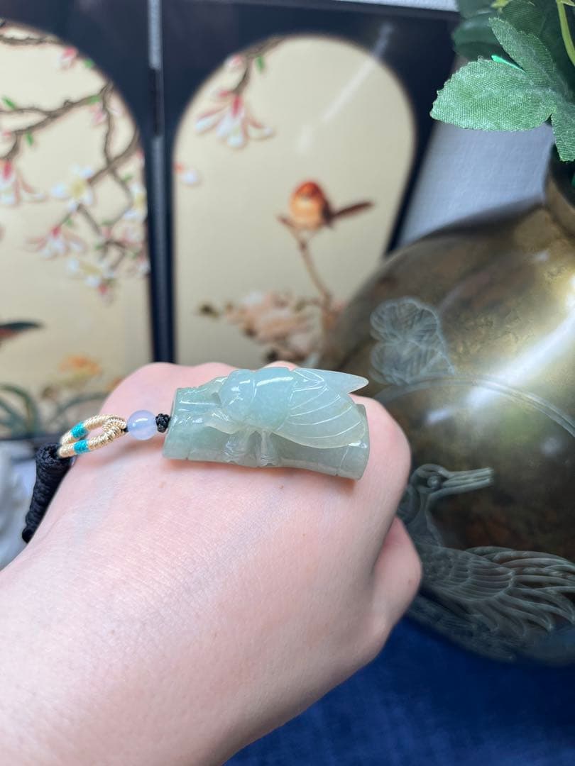 リアル品☆天然A貨翡翠 氷種淡い油青翡翠【一鸣惊人】蝉ネックレス