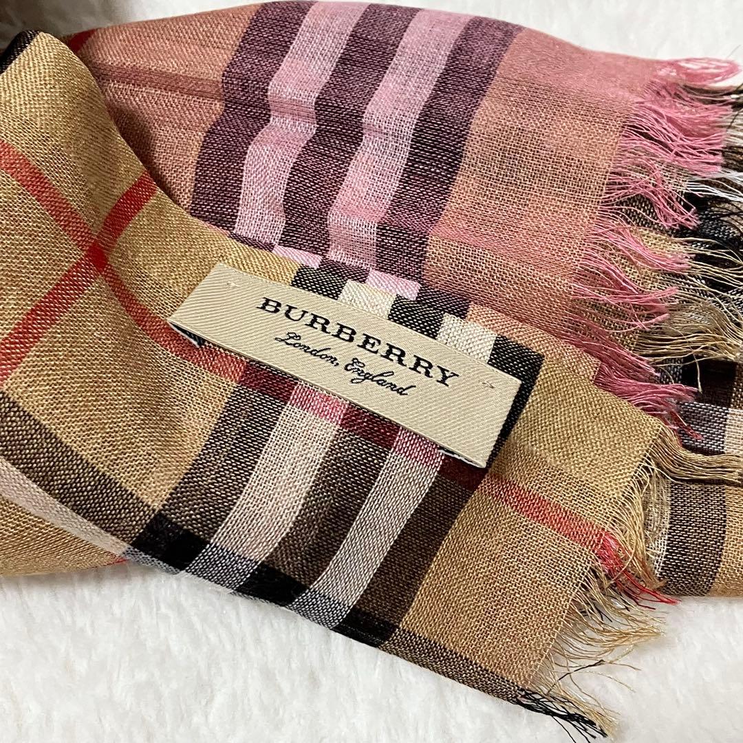 未使用級 箱付 BURBERRY シルク混 大判 ストール ノバチェック 金タグ