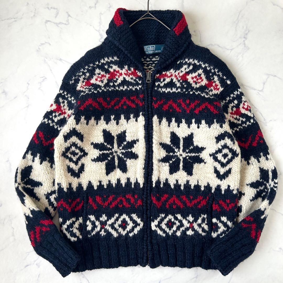 希少デザイン ラルフローレン カウチンニット 星条旗 カーディガン ジップアップ