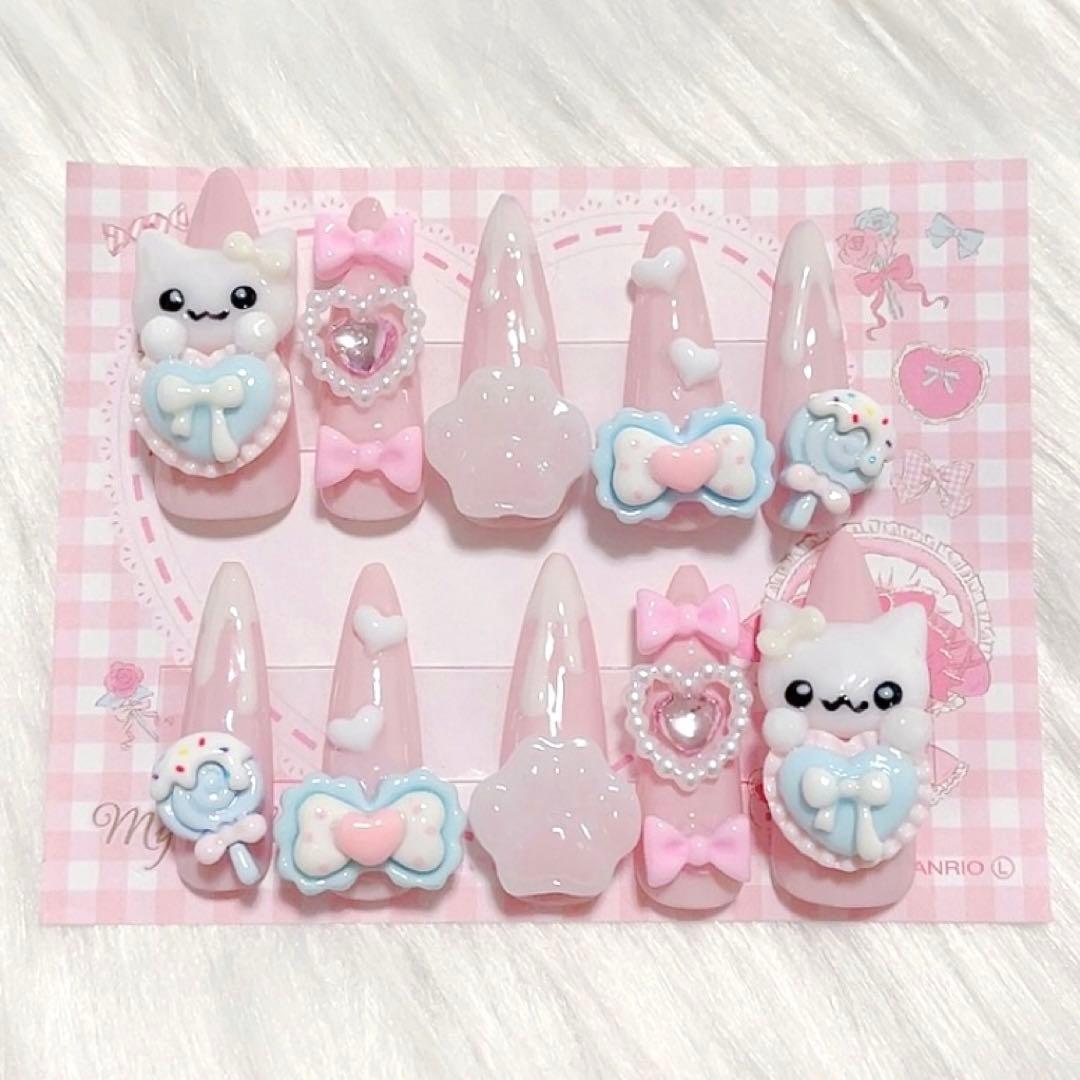 ネイルチップ 量産型 地雷系 平成女児 韓国 ワンホン ピンク 白 リボン