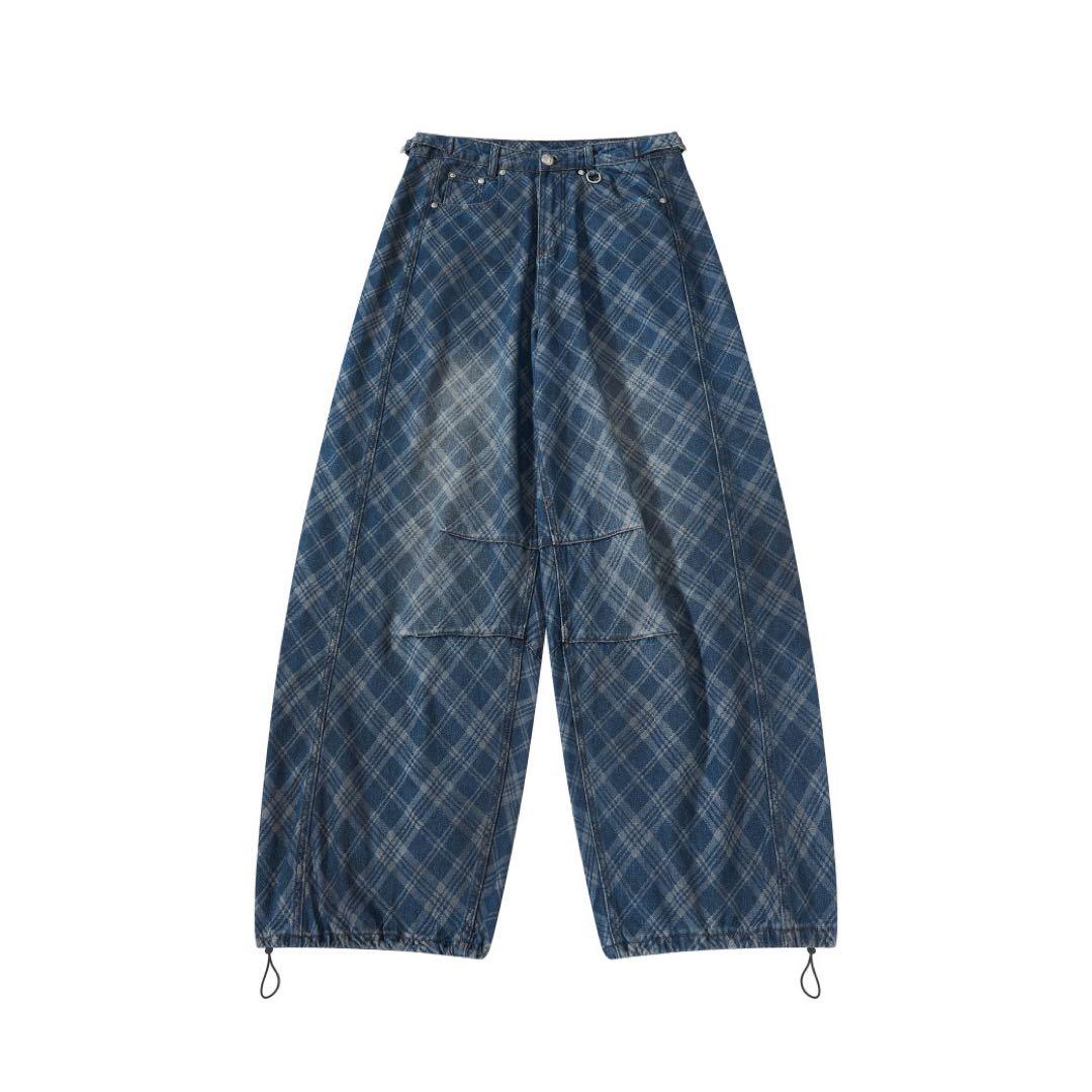 Badblood ダークブルー チェック柄 デニムパンツ - メルカリ