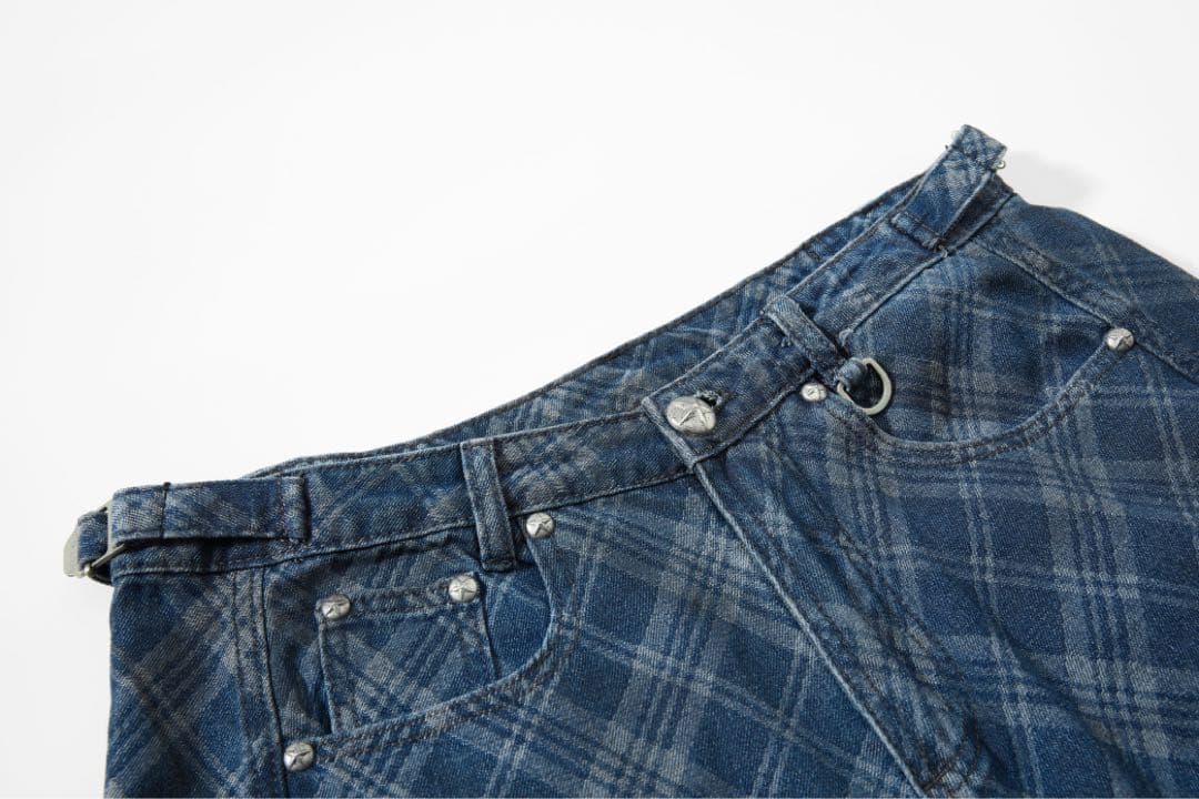 Badblood ダークブルー チェック柄 デニムパンツ - メルカリ