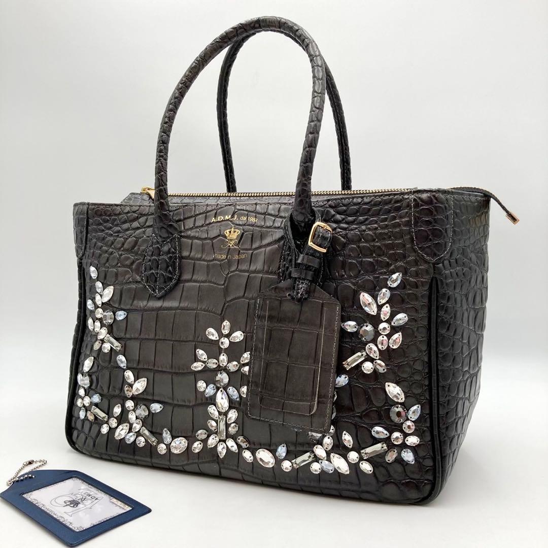 高級感！美品✨A.D.M.J. ハンドバッグ 黒系 クロコ型押し