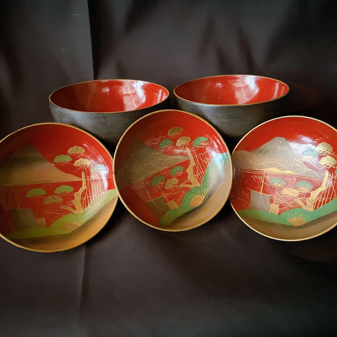 会津鉄錆塗り 古椀 梅文花鳥 松に船 山水 蒔絵 汁椀 富士 帆掛船 伝統