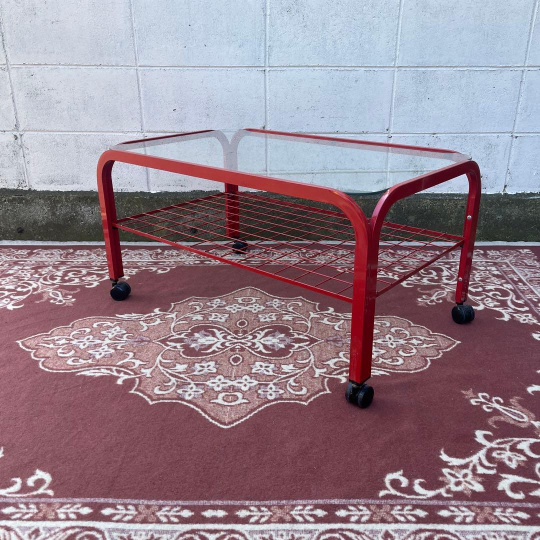 当時物ビンテージ品◾️赤レッド スチールフレーム×ガラス天板 ガラス