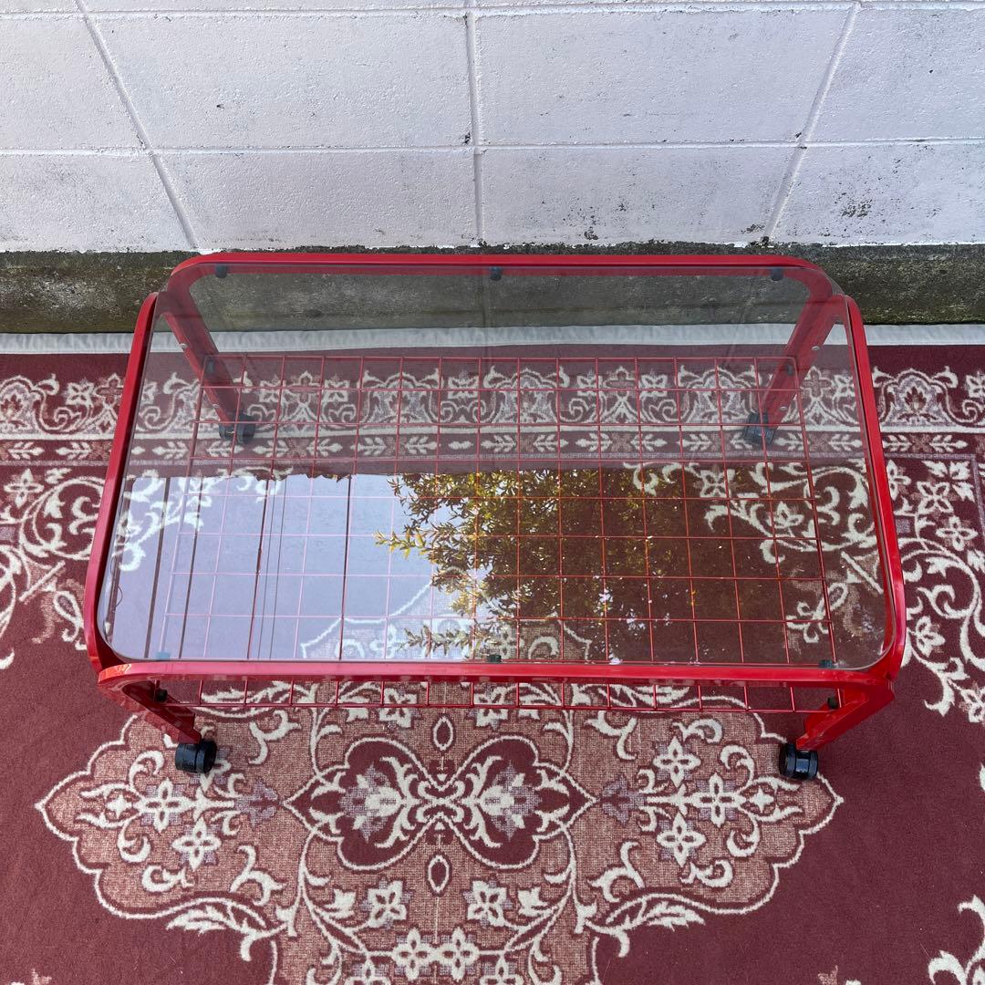 当時物ビンテージ品◾️赤レッド スチールフレーム×ガラス天板 ガラス