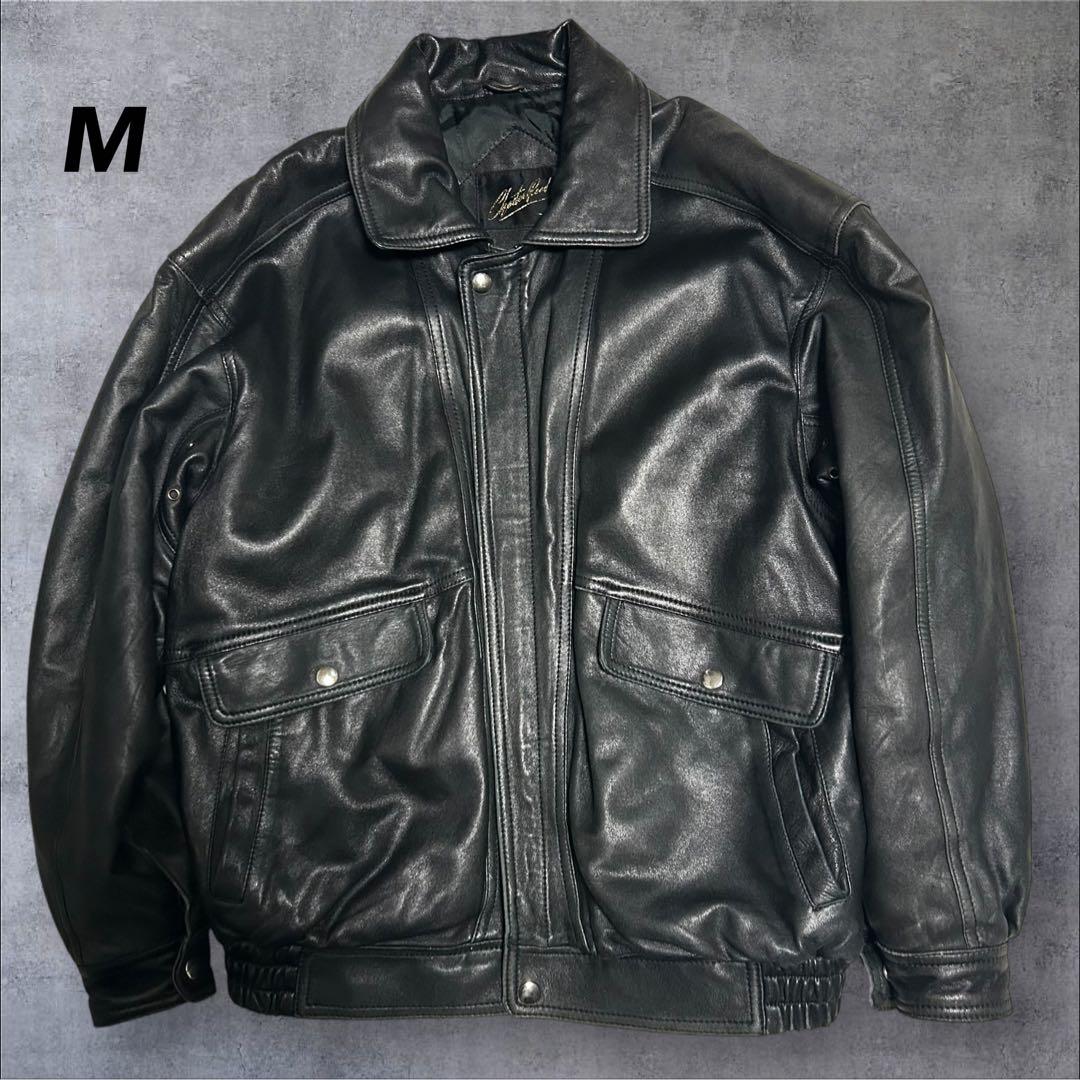 90s​本革羊革ラムレザーA2型襟付きフライトジャケットブルゾン黒M