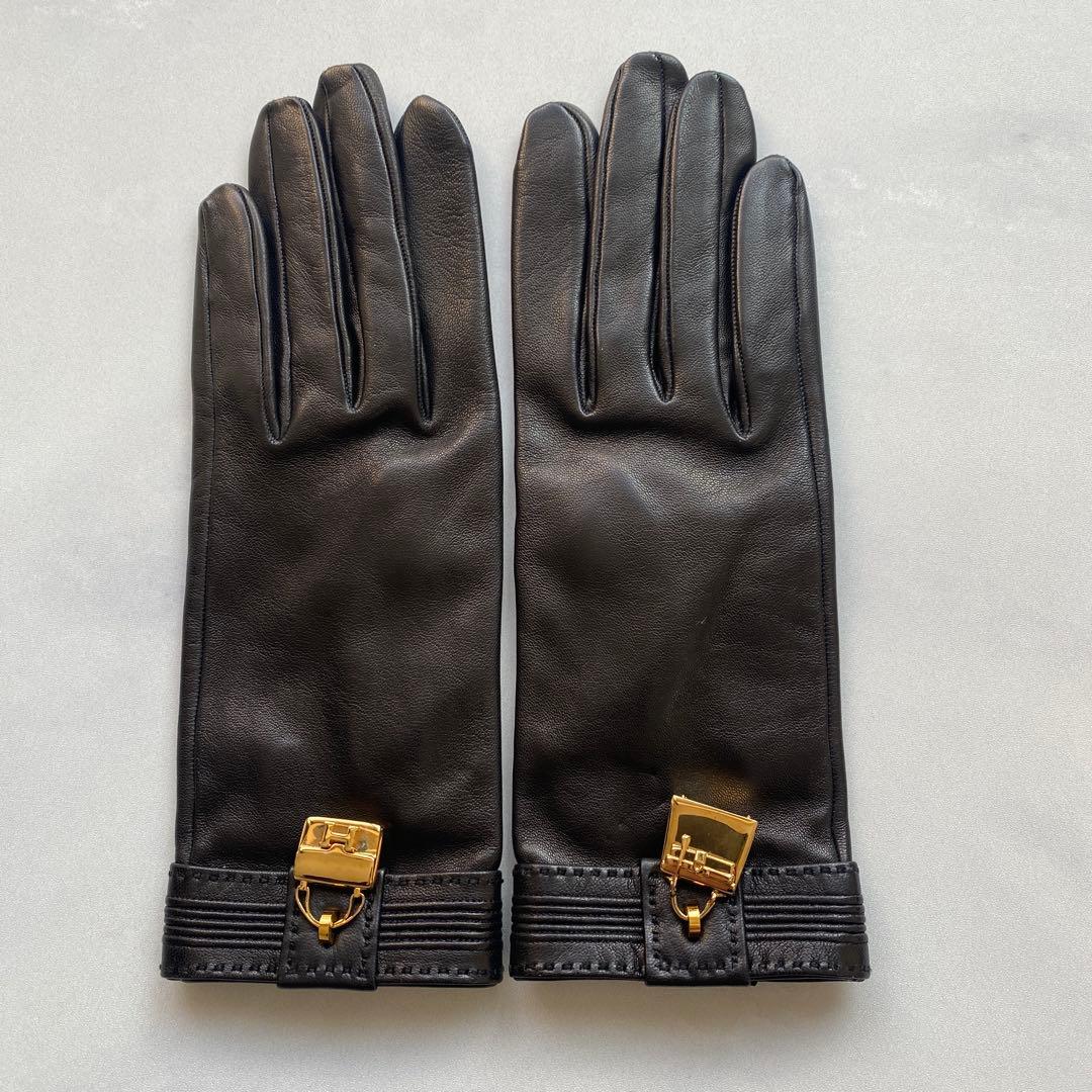美品　エルメス　レザーグローブ　ブラック　黒革手袋　シルク裏地　サイズ6ハーフ HERMES（エルメス） 【超美品】エルメス セリエ レザーグローブ 手袋