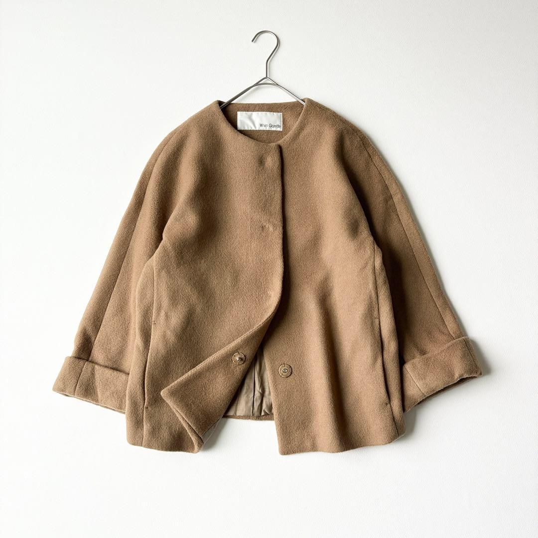 2936y美品 ウィムガゼット ノーカラーウールショートコート キャメル