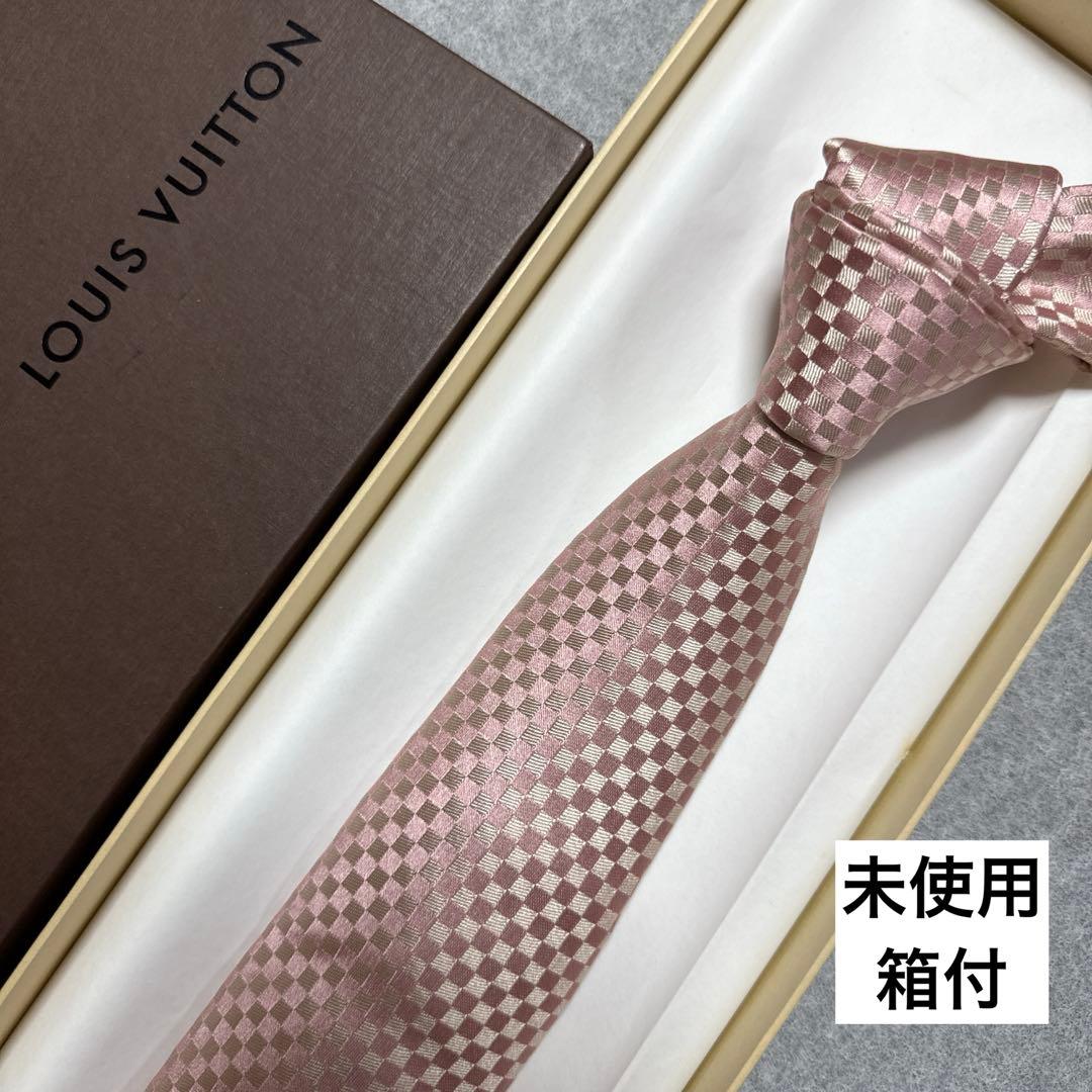未使用箱付 ルイヴィトン ネクタイ ピンク ダミエ柄 LVロゴジャガード