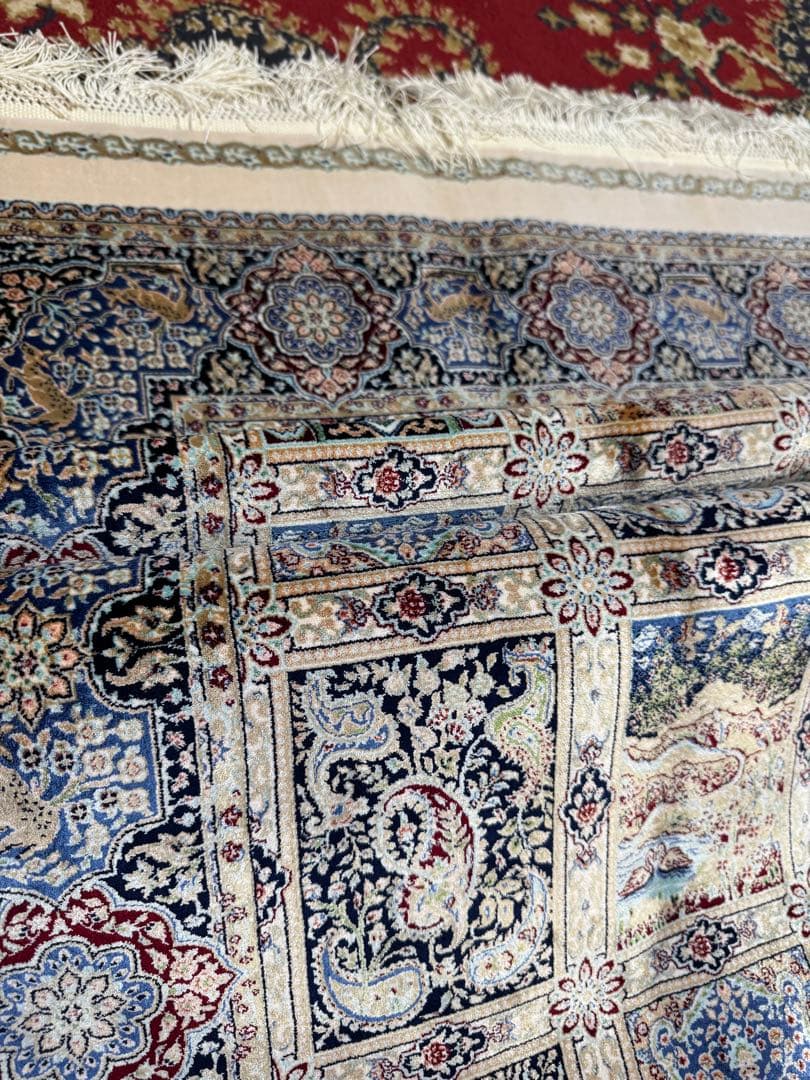 イラン製 ペルシャ絨毯 カシャーン 優雅な艶 高密度 ベージュ×ブルーの