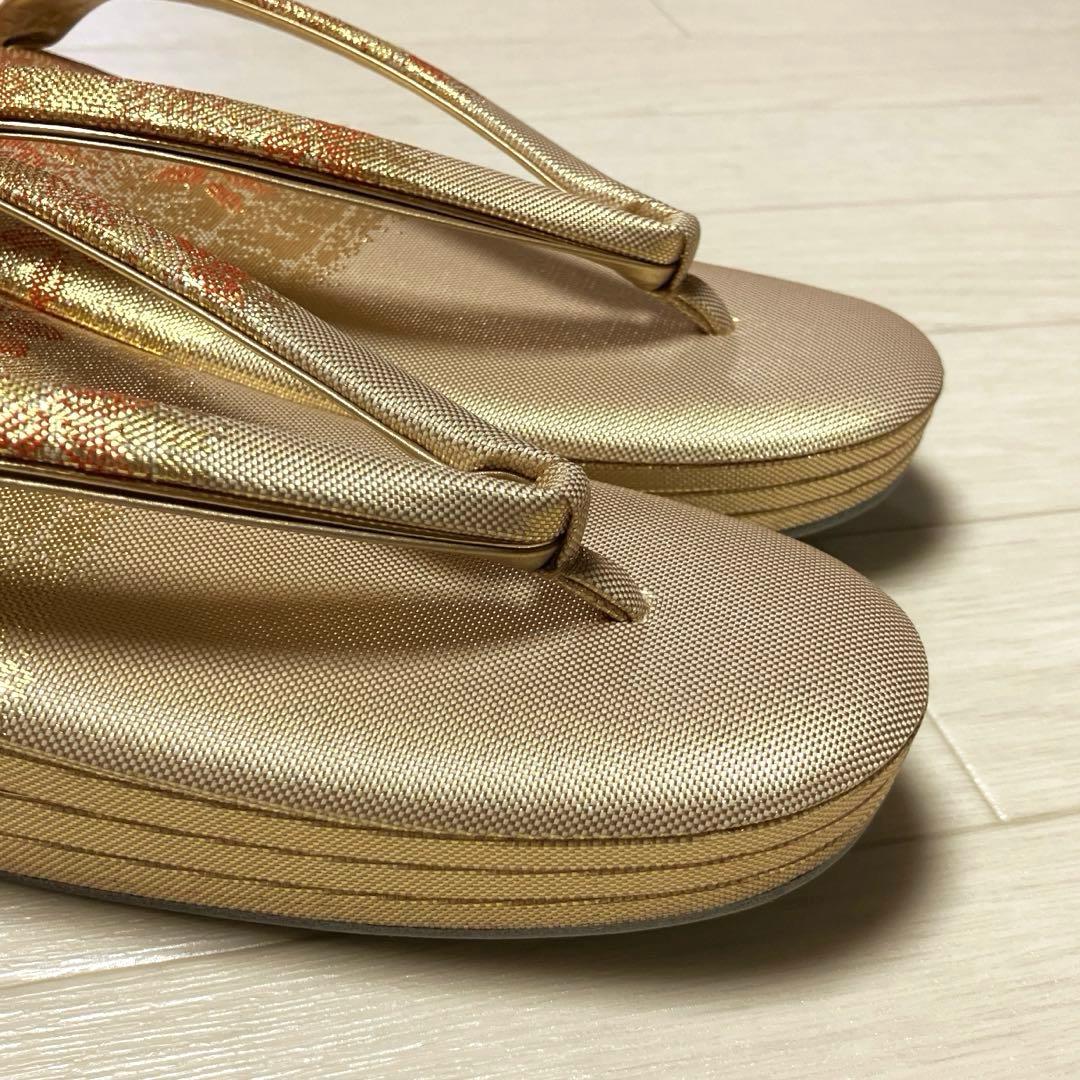 《未使用》佐賀錦　草履バッグセット　東京芝山ブランド　正絹　ゴールド　厚底