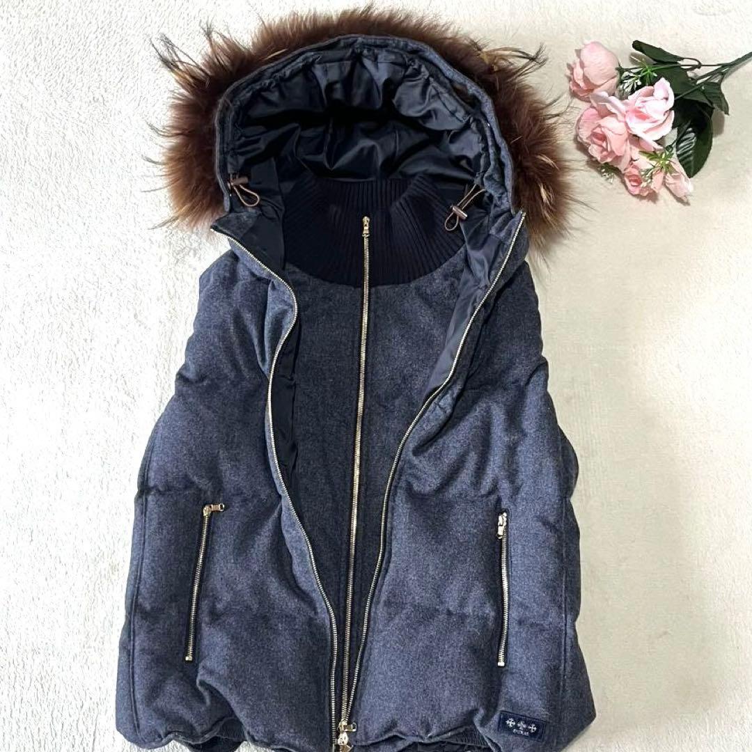 美品✨タトラス ダウンベスト ラクーンファー ウール調 ネイビー系