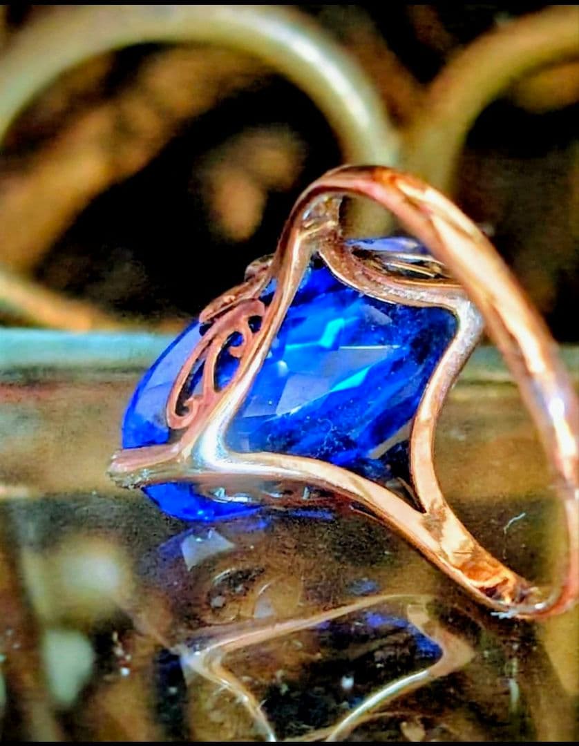 希少✨️戦前✧*。K18 合成サファイア 2色金 昭和ヴィンテージリング