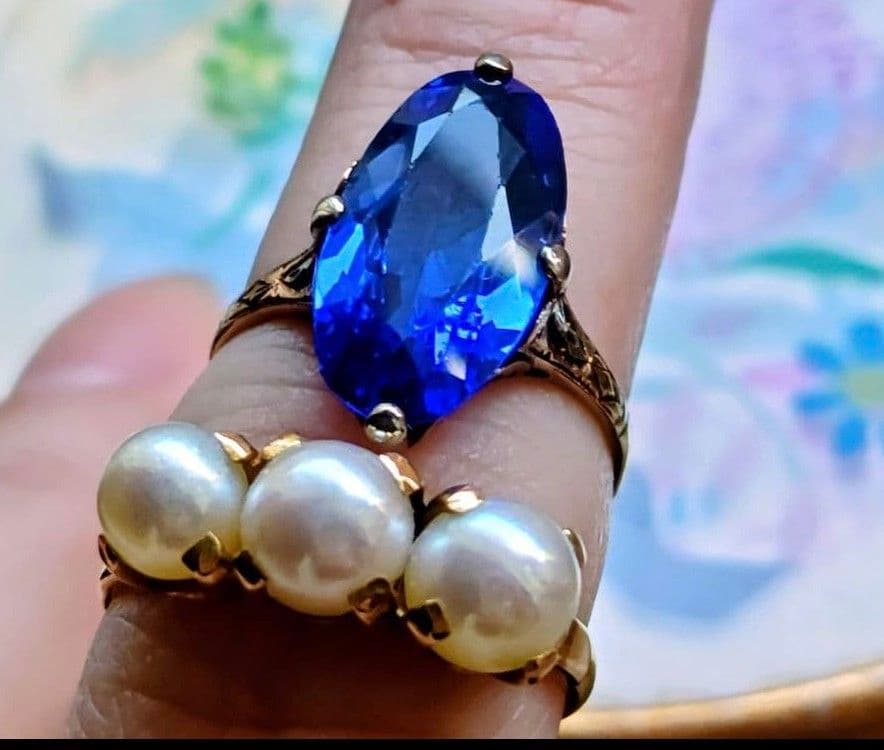 希少✨️戦前✧*。K18 合成サファイア 2色金 昭和ヴィンテージリング