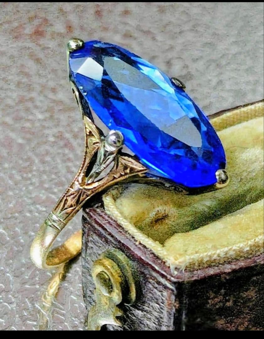 希少✨️戦前✧*。K18 合成サファイア 2色金 昭和ヴィンテージリング