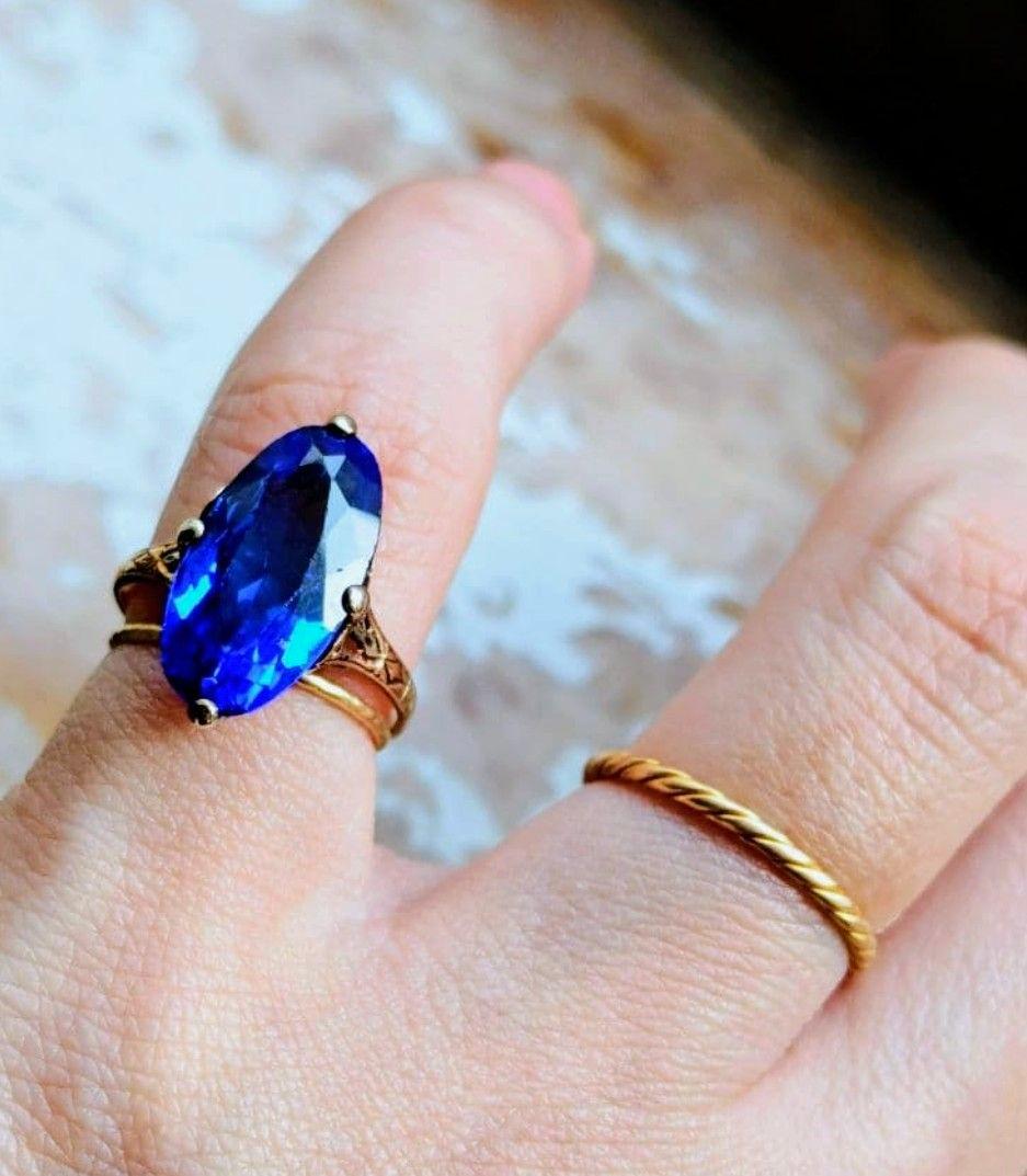 希少✨️戦前✧*。K18 合成サファイア 2色金 昭和ヴィンテージリング