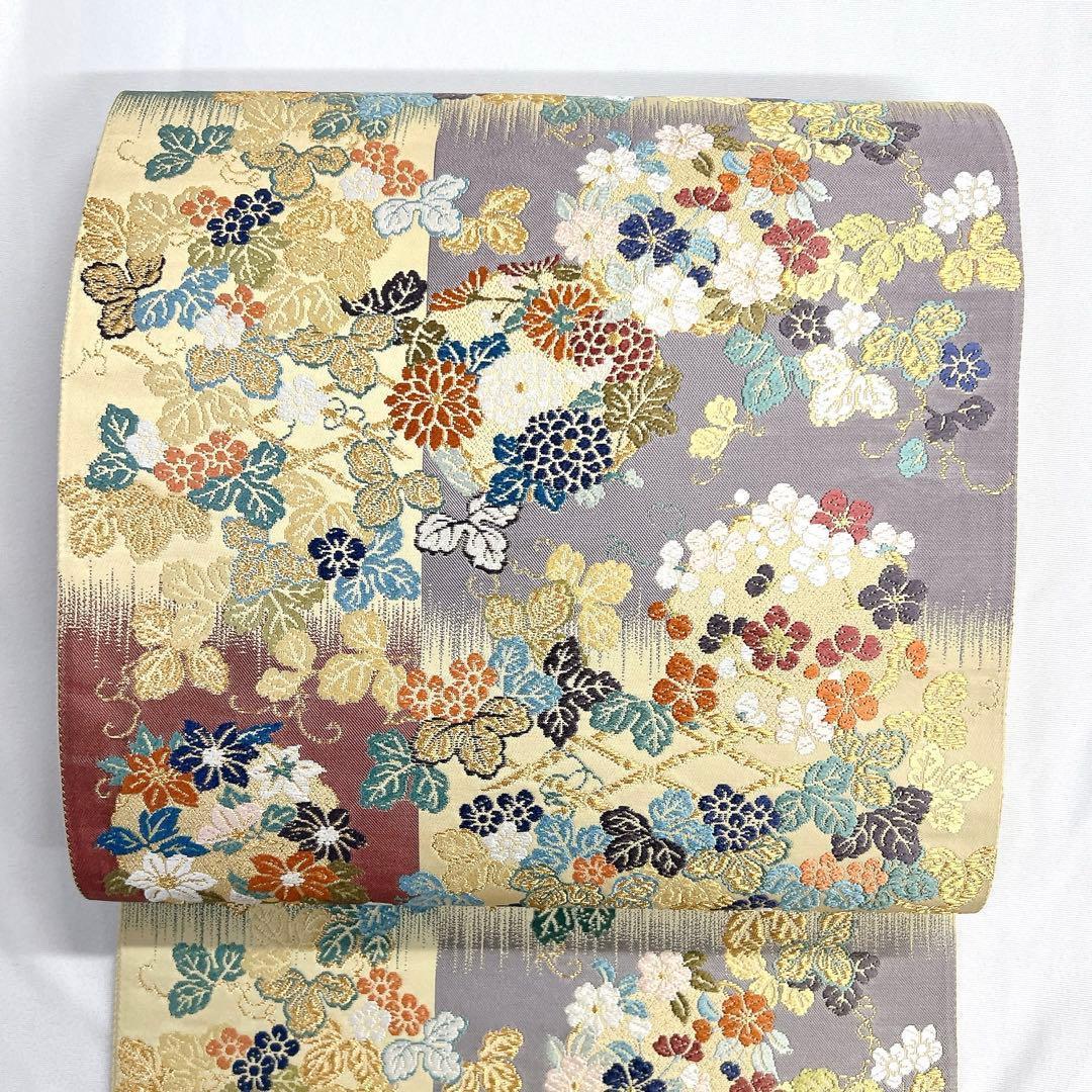 未着用 袋帯 金糸 花紋 菱 菊 牡丹 梅 鉄線 変わり市松 着物 帯 025k
