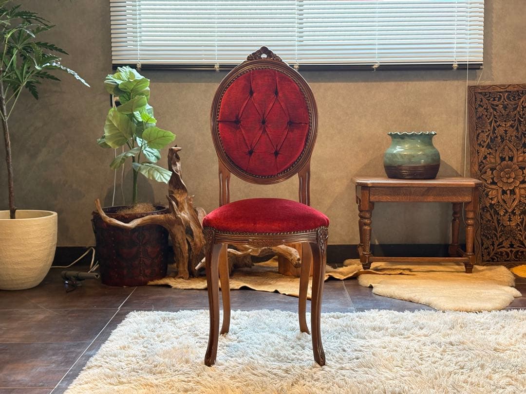 希少猫脚クラシックアンティークチェア木彫りレッドボタンダウンSZ