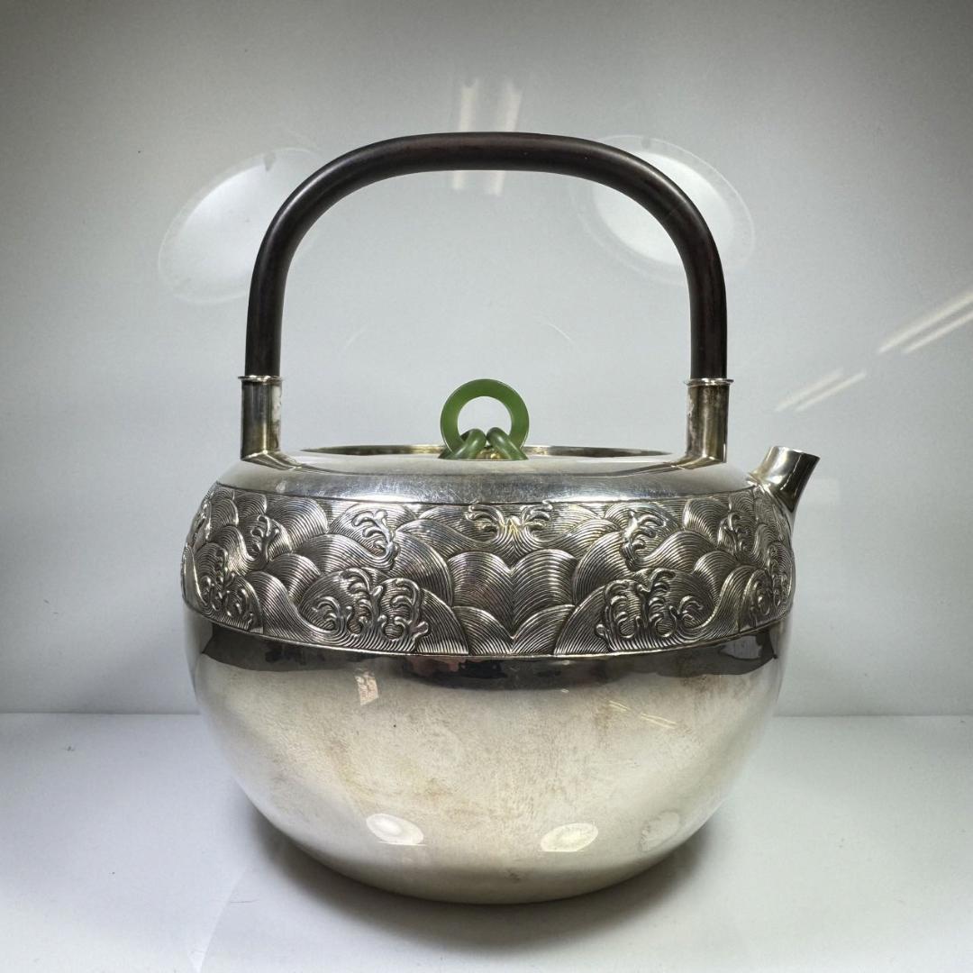 純銀製 東山造 紋波 湯沸 貴石摘 木取手 煎茶道具 古美術品 銀瓶 純銀