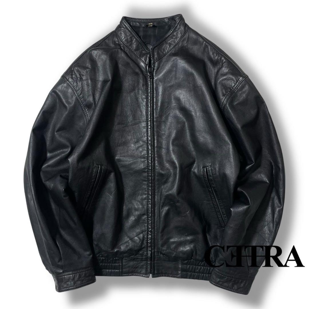 90s ノーカラー ショート丈 本革 リアルレザー ボンバー ブルゾンジャケット Shoowtime（ショウタイム） ブルゾン アウター Synthetic leather