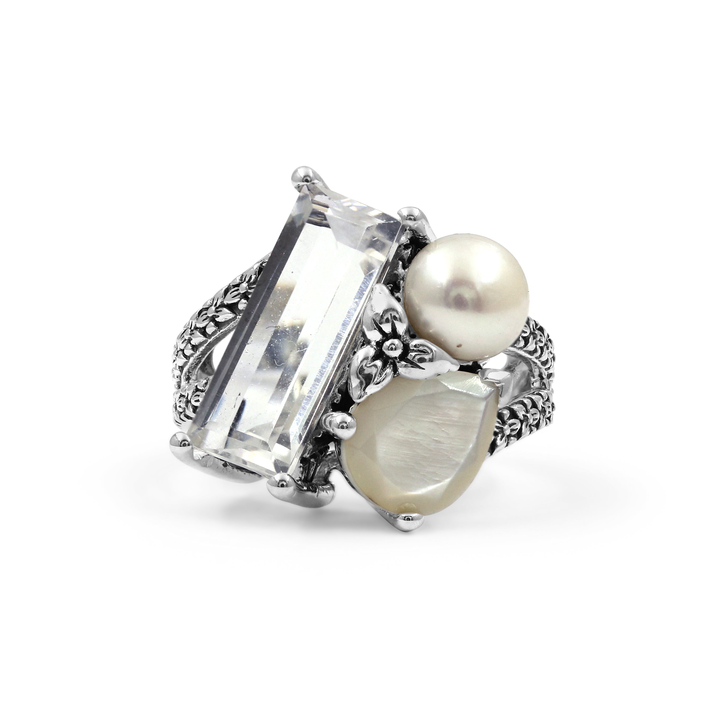 Rockrageous Natural Quartz Mother of Pearl and Pearl Ring in