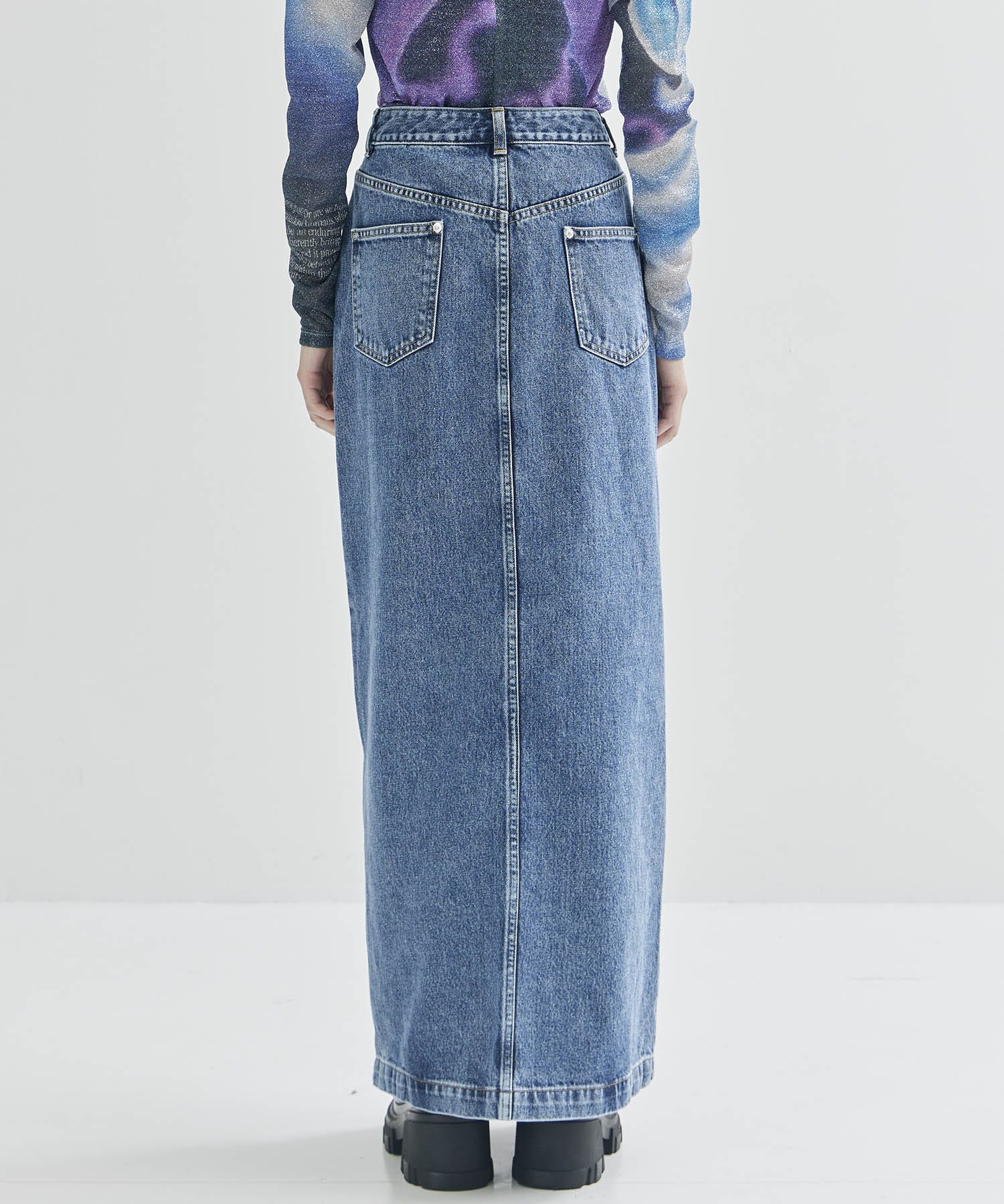 WASHED DENIM ZIPPED LONG SKIRT(M BLUE): JOHN LAWRENCE SULLIVAN
